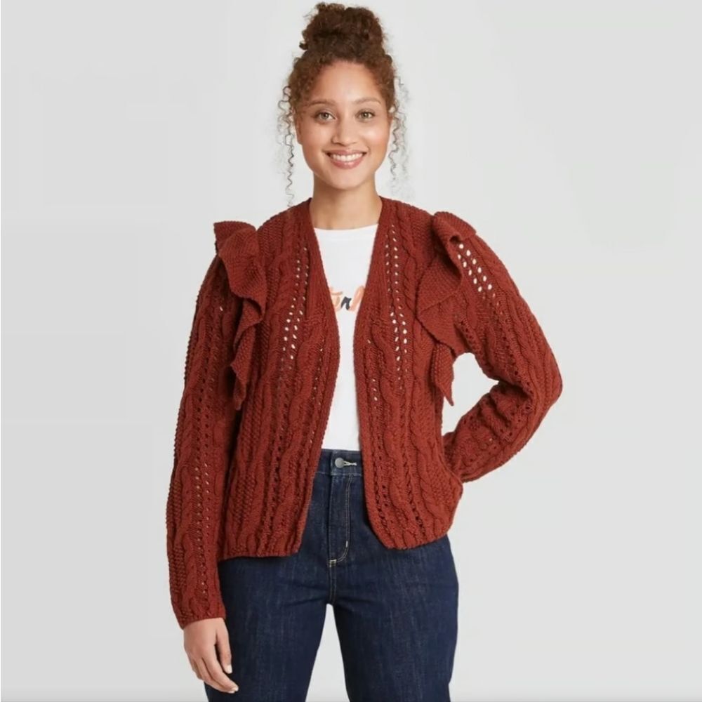 UNIVERSAL THREAD rust open front‎ ruffle cardigan… - image 1